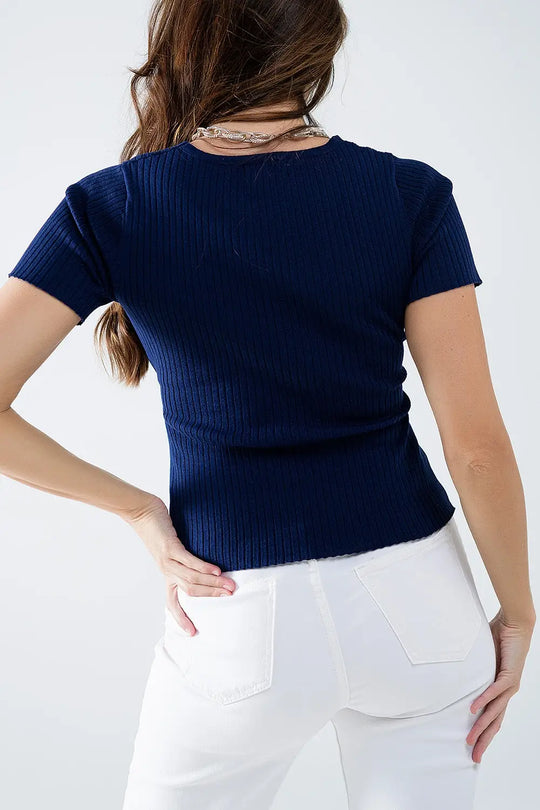 Pull-over marine à col en V et devant croisé - Pulls