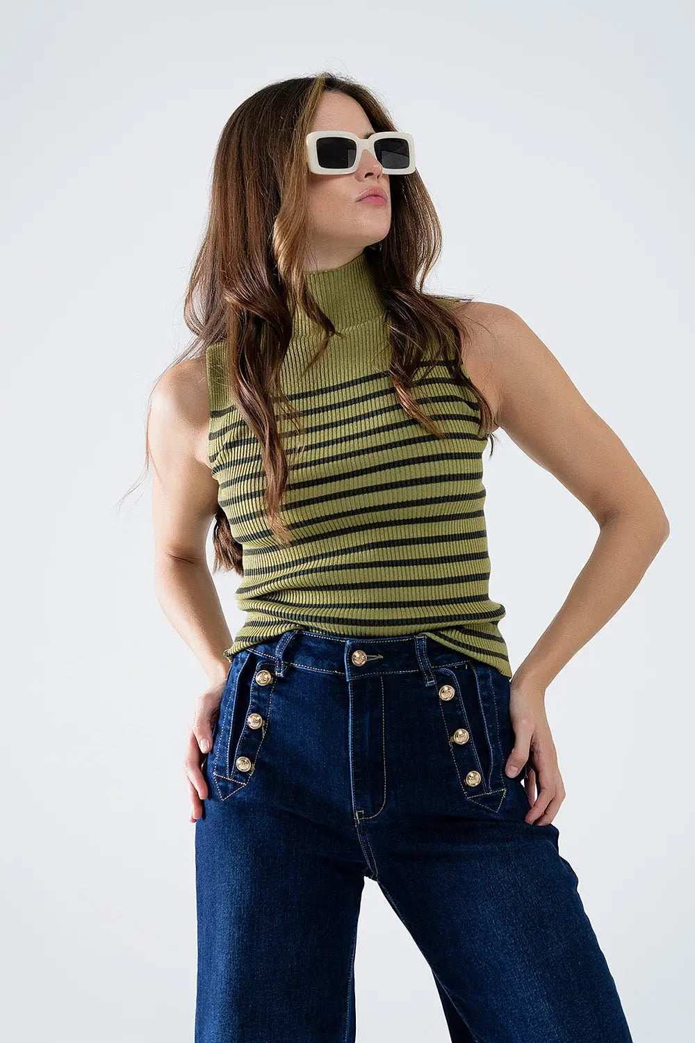 Pull-over tortue rayé vert olive - Pulls