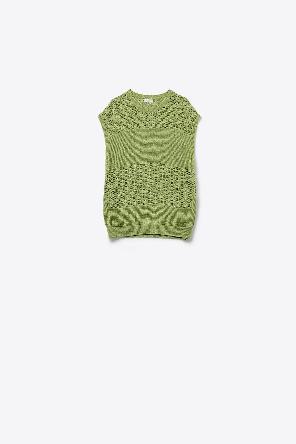 Q2 Pull-over vert en maille ouverte douce et manches tombantes