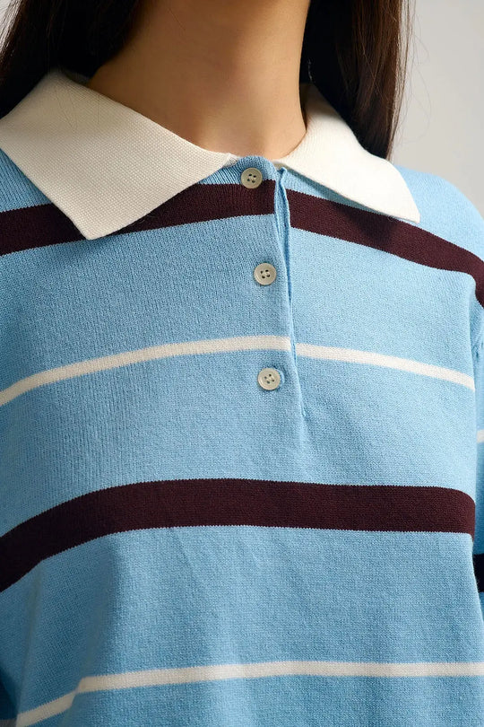 Pull polo en tricot rayé bleu avec col blanc - One Size / bleu - Pulls