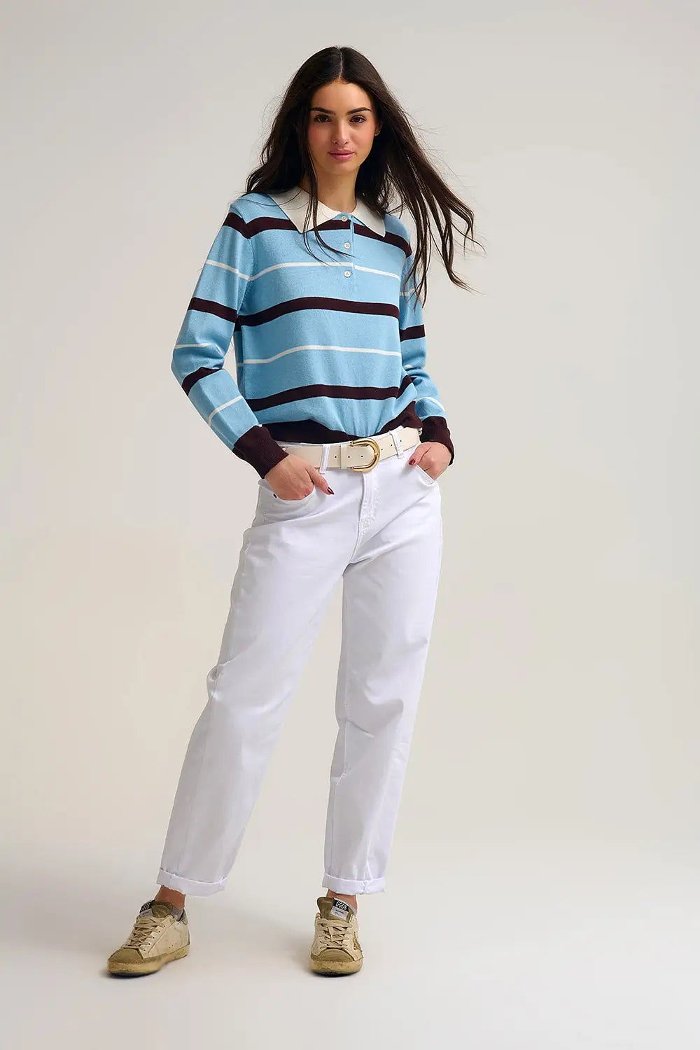Pull polo en tricot rayé bleu avec col blanc - One Size / bleu - Pulls