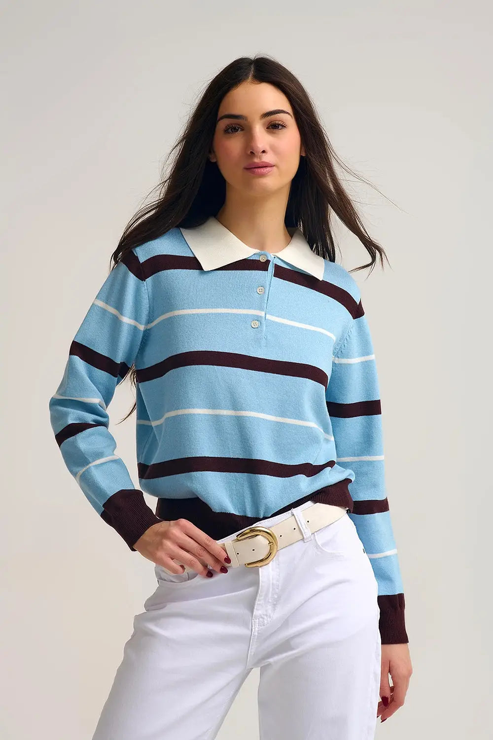 Q2 Pull polo en tricot rayé bleu avec col blanc