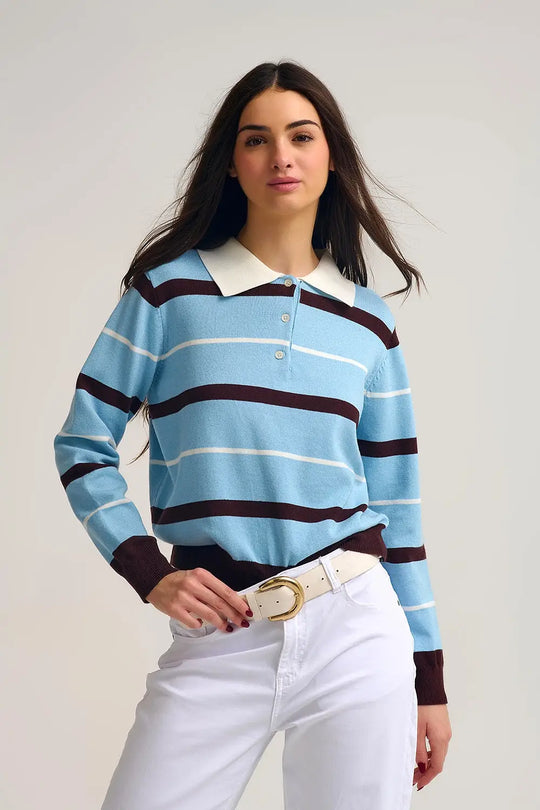 Q2 Pull polo en tricot rayé bleu avec col blanc