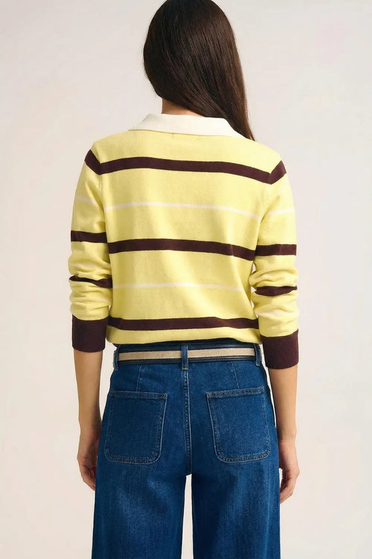 Pull polo en tricot rayé jaune avec col blanc - One Size / jaune - Pulls