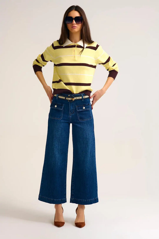 Pull polo en tricot rayé jaune avec col blanc - One Size / jaune - Pulls