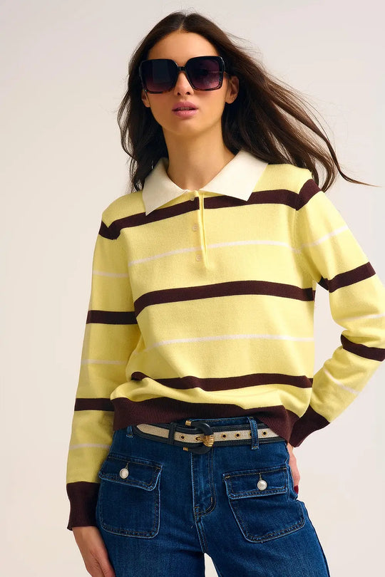 Pull polo en tricot rayé jaune avec col blanc - One Size / jaune - Pulls