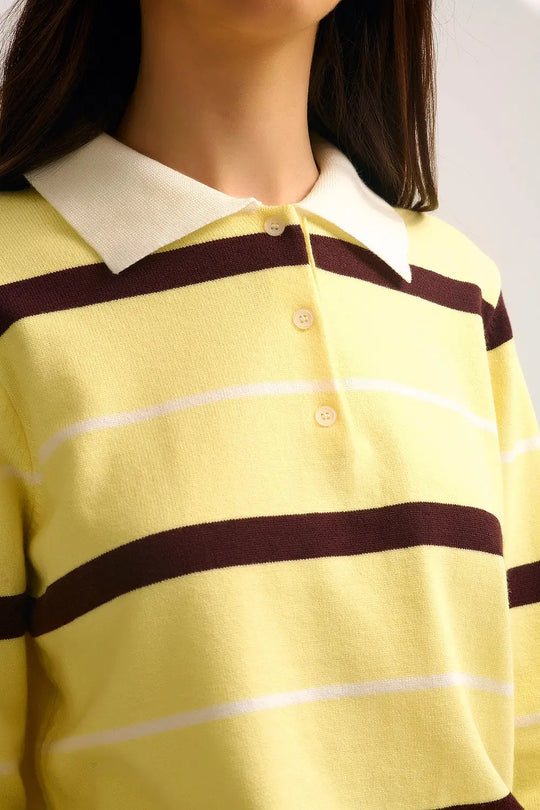 Pull polo en tricot rayé jaune avec col blanc - One Size / jaune - Pulls