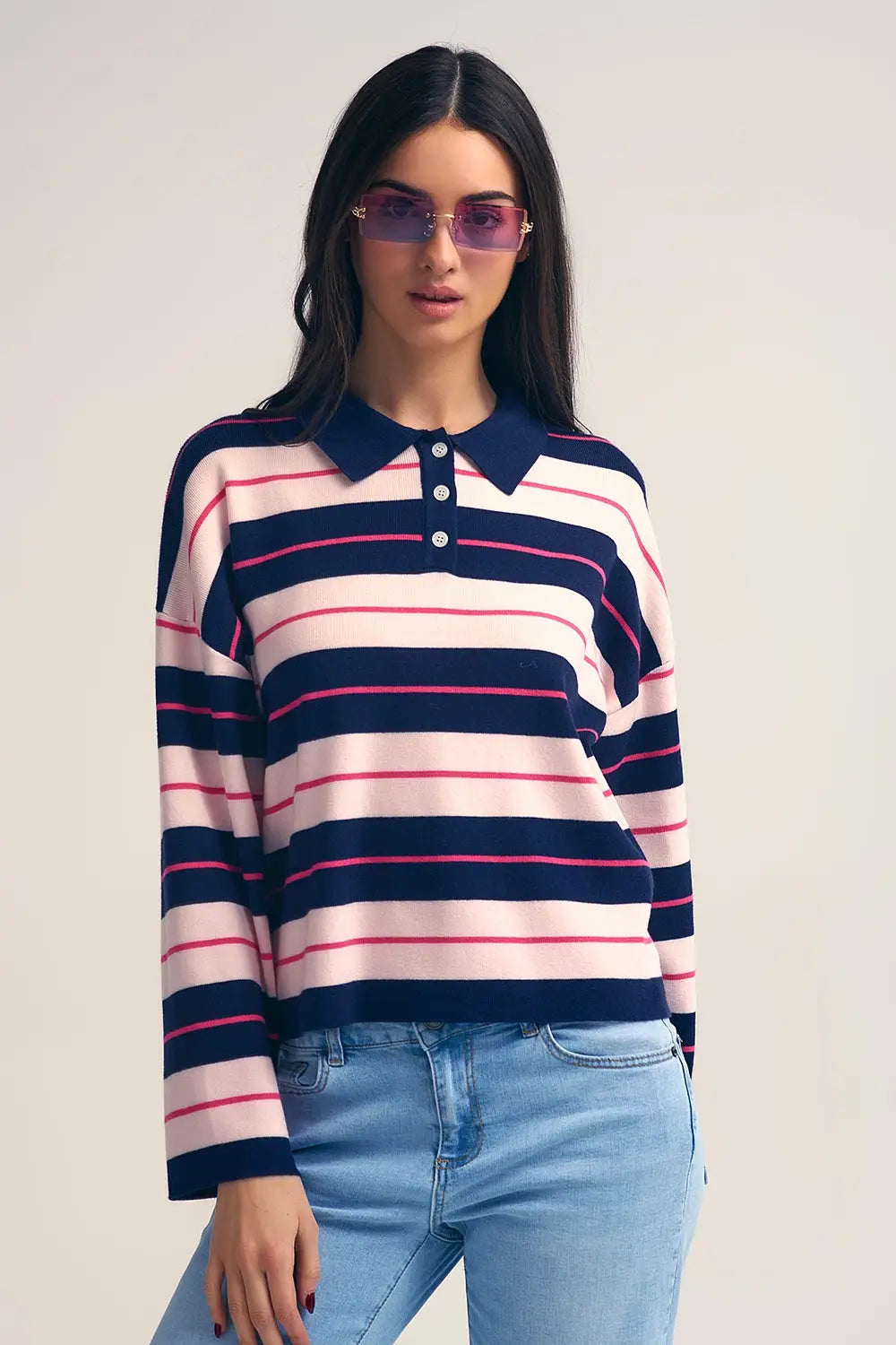 Pull polo en tricot rayé marine avec col boutonné - One Size / bleu - Pulls