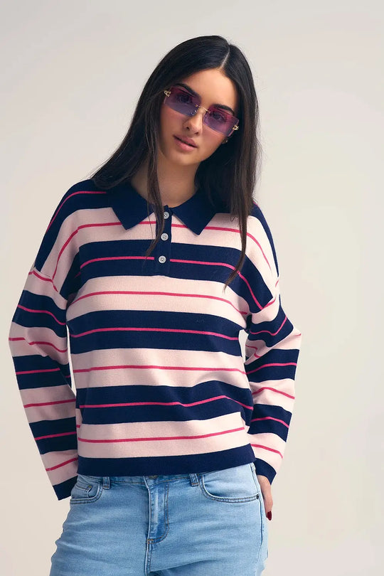 Pull polo en tricot rayé marine avec col boutonné - One Size / bleu - Pulls