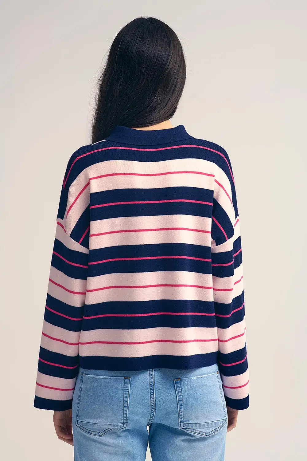 Pull polo en tricot rayé marine avec col boutonné - One Size / bleu - Pulls