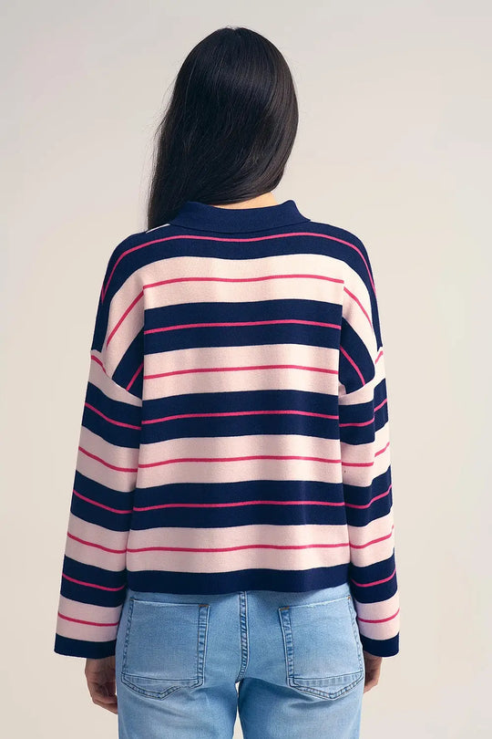 Pull polo en tricot rayé marine avec col boutonné - One Size / bleu - Pulls