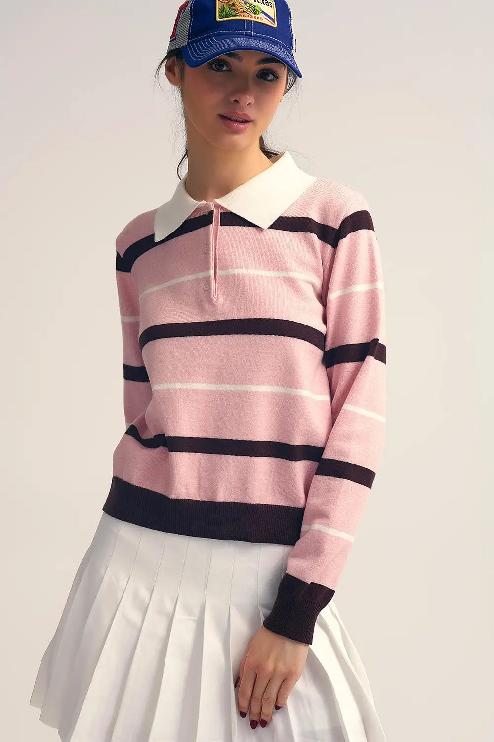 Q2 Pull polo en tricot rayé rose avec col blanc
