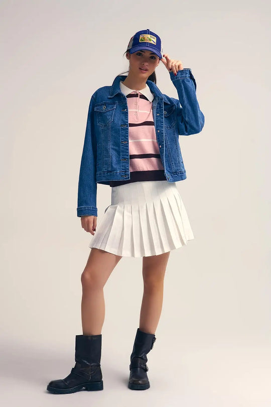 Pull polo en tricot rayé rose avec col blanc - One Size / rose - Pulls