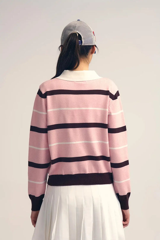 Pull polo en tricot rayé rose avec col blanc - One Size / rose - Pulls