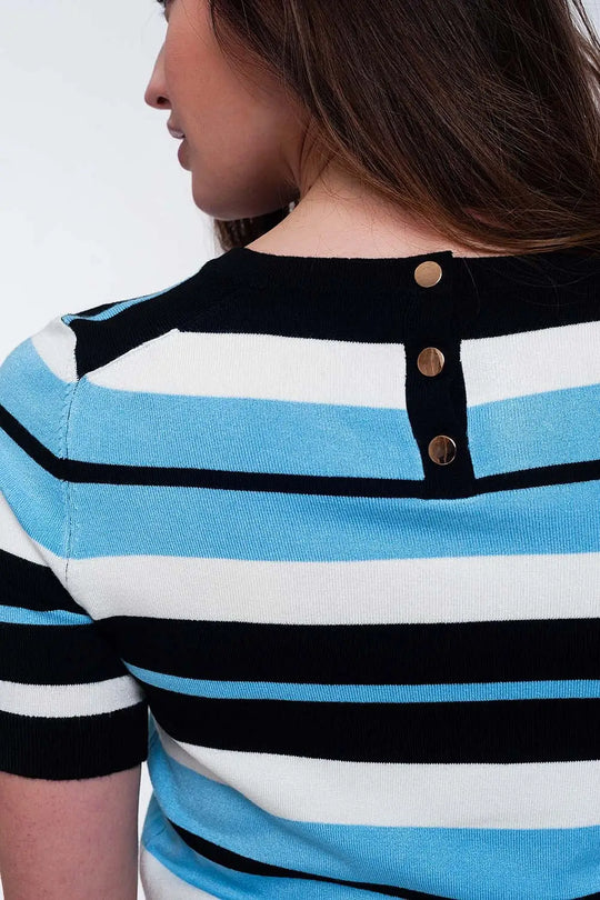 Pull ras de cou coupe carrée à rayures multicolores bleues - Pulls