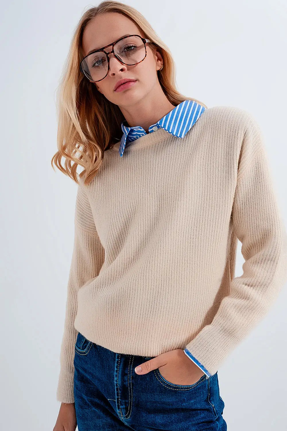 Pull ras de cou en beige - Pulls