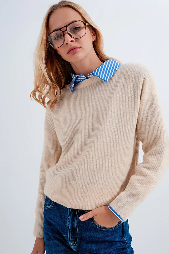 Pull ras de cou en beige - Pulls