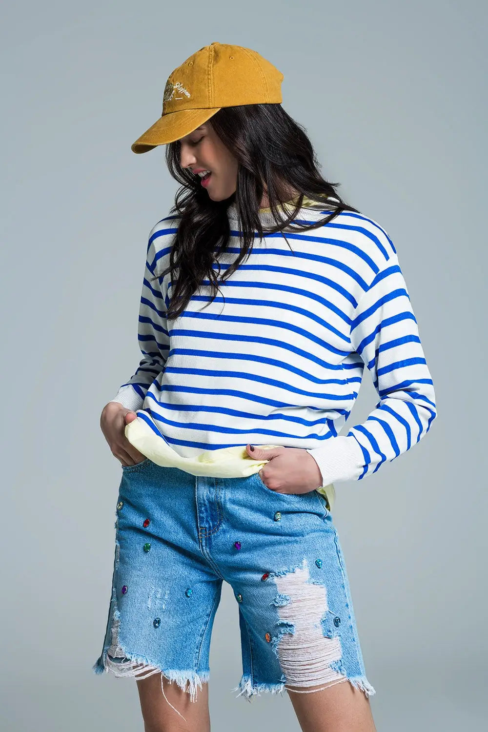Pull ras du cou à rayures basiques en bleu - Pulls