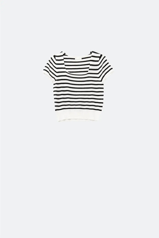 Pull rayé à col carré en noir et blanc - One Size / blanc - Pulls