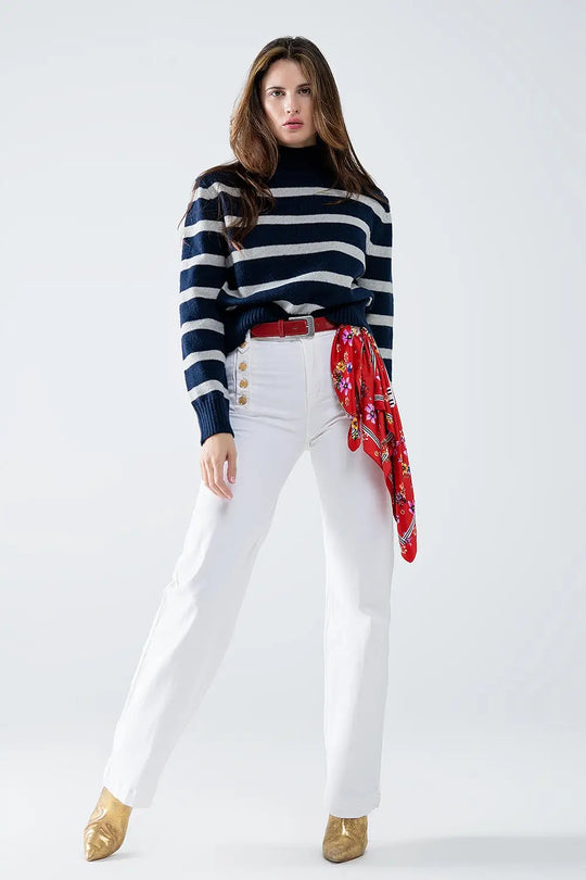 Pull rayé à col montant en bleu marine et gris - Pulls