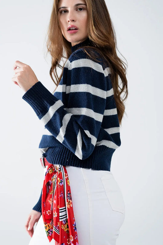 Pull rayé à col montant en bleu marine et gris - Pulls