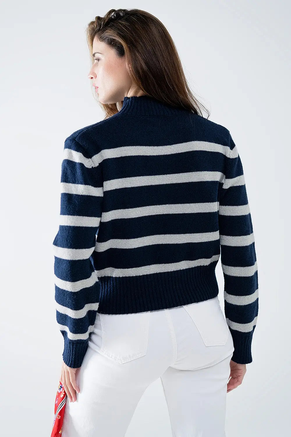 Pull rayé à col montant en bleu marine et gris - Pulls