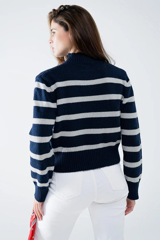 Pull rayé à col montant en bleu marine et gris - Pulls