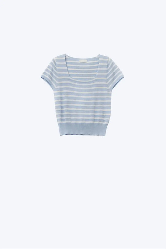 Pull rayé à encolure carrée bleu ciel et blanc - One Size / bleu - Pulls
