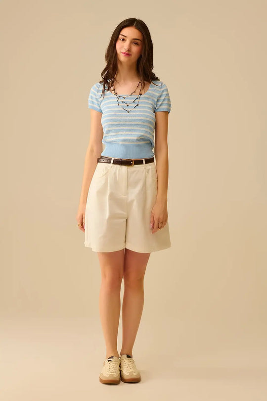 Pull rayé à encolure carrée bleu ciel et blanc - One Size / bleu - Pulls
