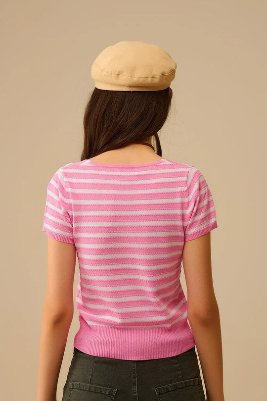 Pull rayé à encolure carrée rose et blanc - One Size / rose - Pulls