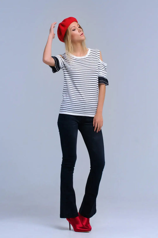 Pull rayé blanc avec broderie - Pulls