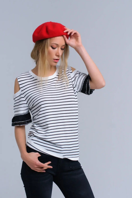 Pull rayé blanc avec broderie - Pulls