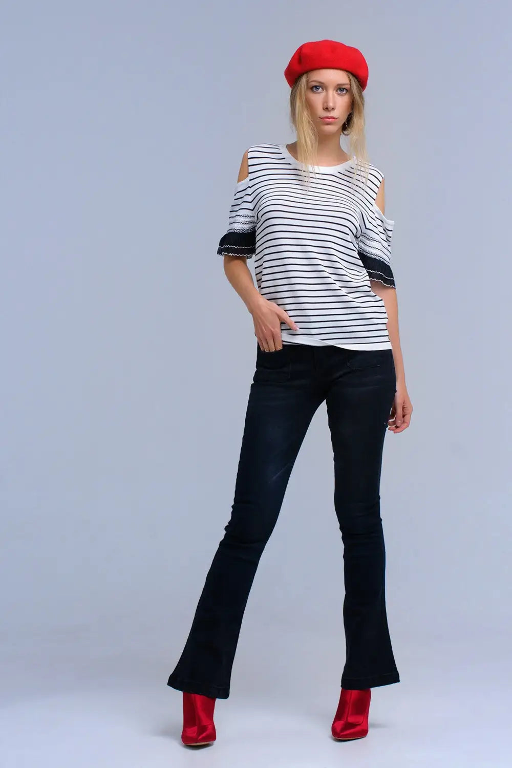 Pull rayé blanc avec broderie - Pulls