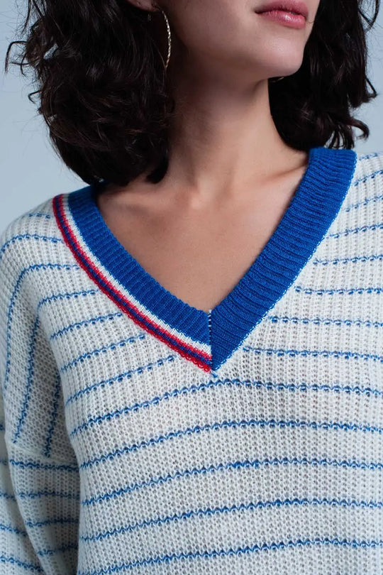 Pull rayé bleu avec encolure en V - Pulls