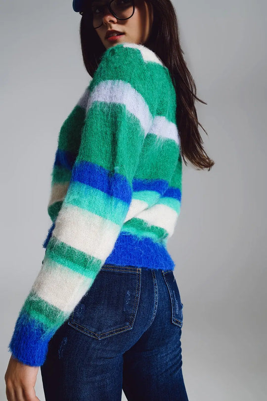 Pull rayé et moelleux dans des tons de bleu vert et blanc. - One Size / vert - Pulls
