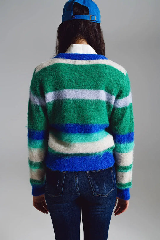 Pull rayé et moelleux dans des tons de bleu vert et blanc. - One Size / vert - Pulls