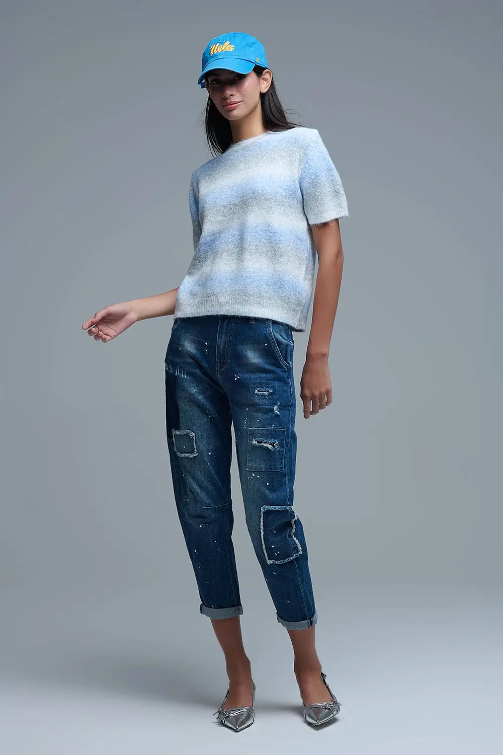 Pull rayé ombré à manches courtes bleu - One Size / bleu - Pulls