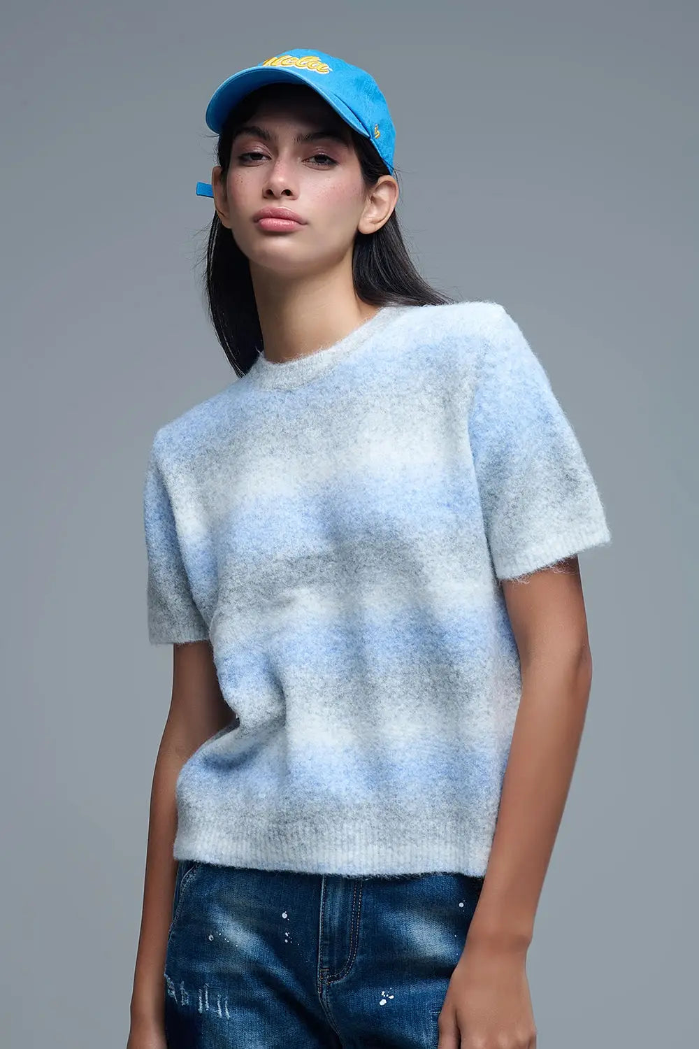 Q2 Pull rayé ombré à manches courtes bleu