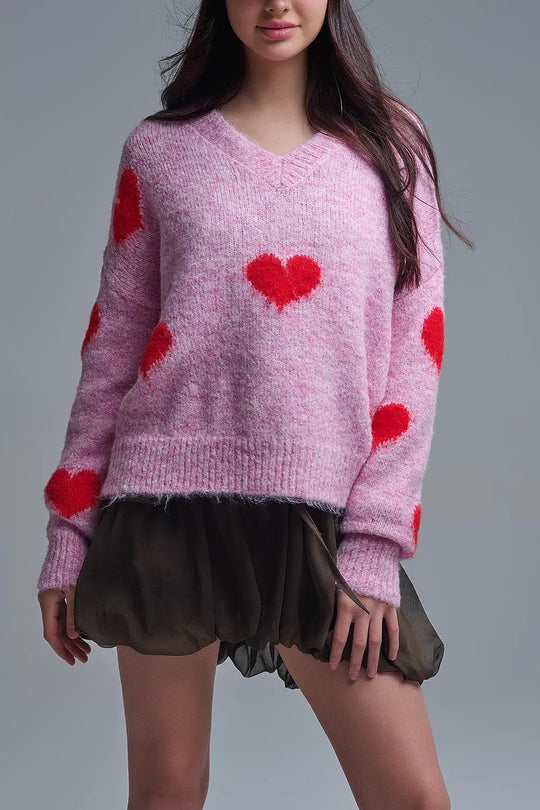 Pull rose à col en V et à manches longues avec cœurs rouges - One Size / rose - Pulls