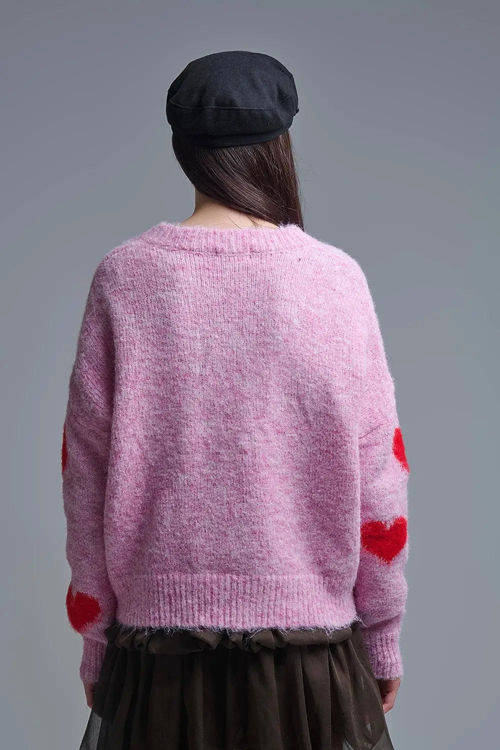 Pull rose à col en V et à manches longues avec cœurs rouges - One Size / rose - Pulls