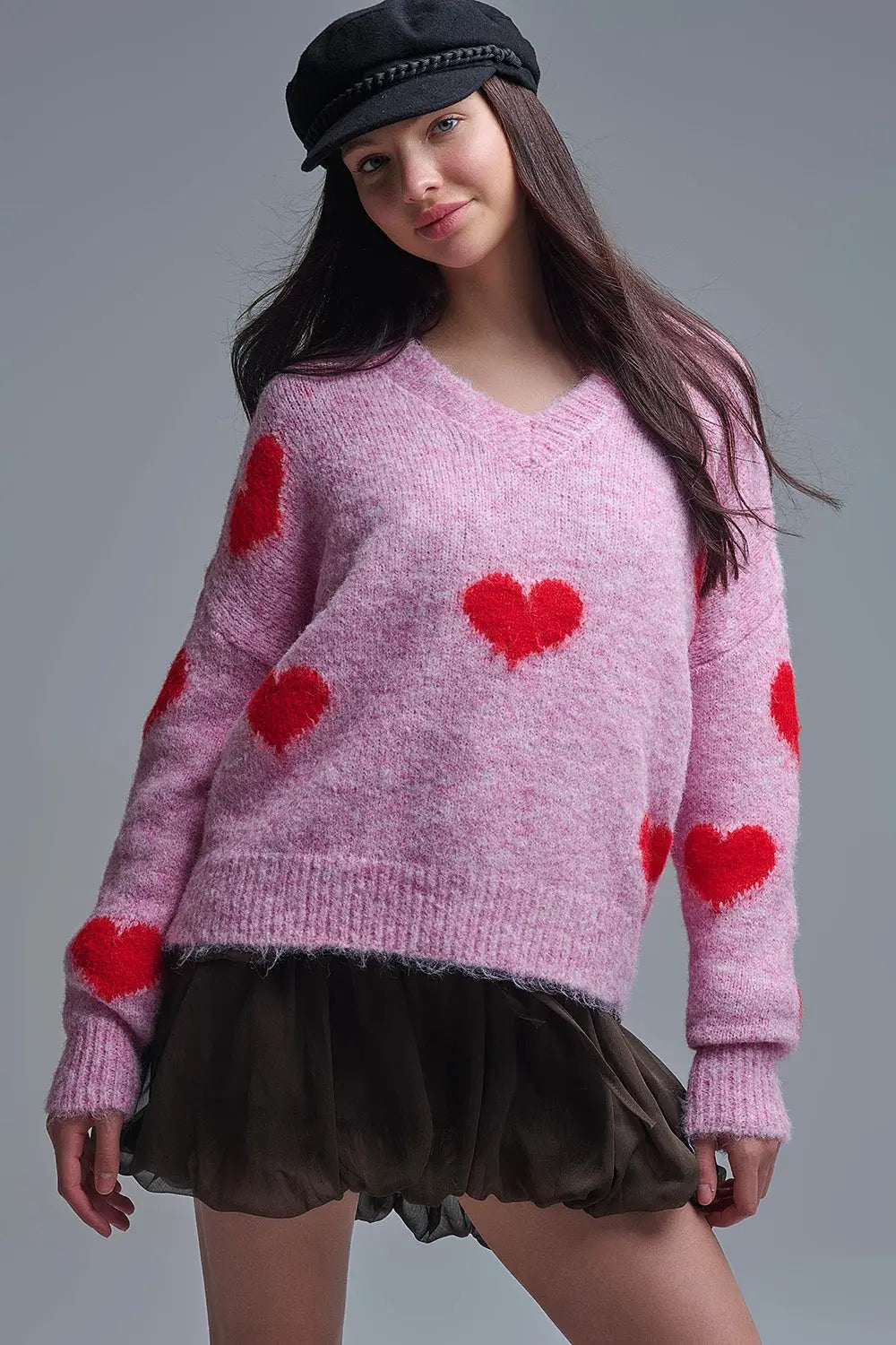 Pull rose à col en V et à manches longues avec cœurs rouges - One Size / rose - Pulls