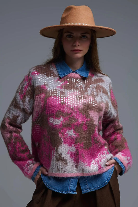 Q2 Pull rose à imprimé animalier avec paillettes