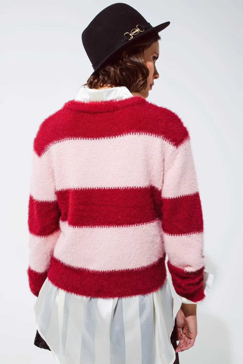 Pull rose à rayures et col ras du cou - Pulls