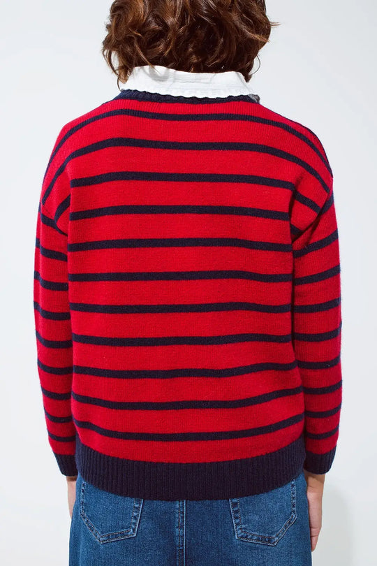 Pull rouge à rayures bleues et col ras du cou blanc - Pulls