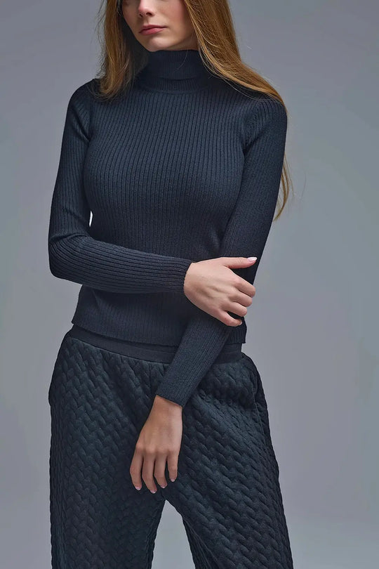 Pull roulé à col de tortue et côtes en noir - Pulls