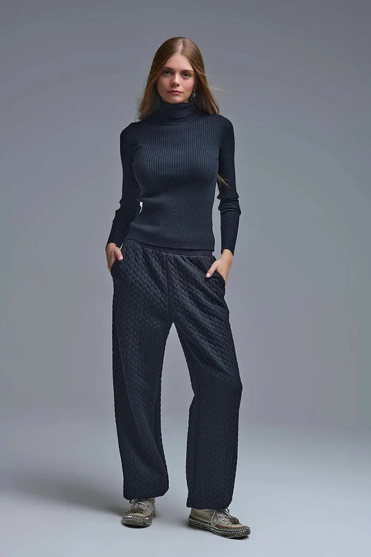 Pull roulé à col de tortue et côtes en noir - Pulls