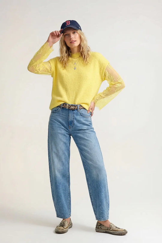 Pull sans manches en tricot doux avec doublure en dentelle de couleur jaune - One Size / jaune - Pulls