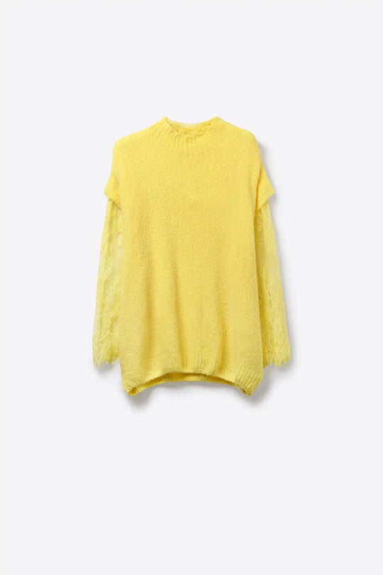 Pull sans manches en tricot doux avec doublure en dentelle de couleur jaune - One Size / jaune - Pulls