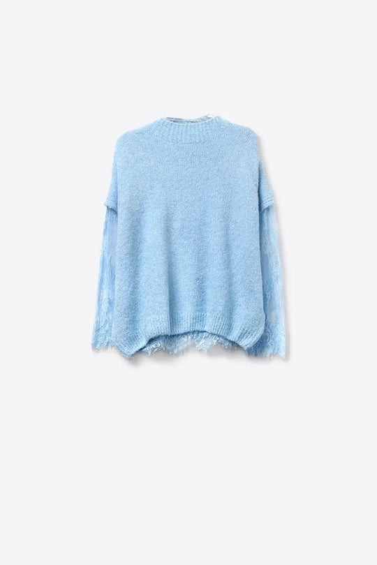 Pull sans manches en tricot doux doublé de dentelle en bleu - One Size / bleu - Pulls