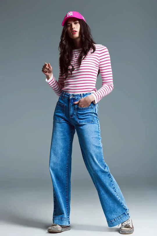 Pull Slim Fit Fine Knit Boat Neck en blanc avec des rayures fuchsia - Pulls